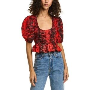 GANNI Cropped Smocked Blouse Black/Red Short Puff Sleeve Blouse Size 38/US 6